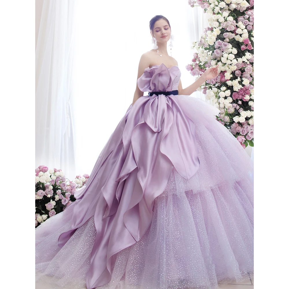 

Lavender Strapless Prom Dress with Ribbons Belt Elegant Pleat Sequined Chic Ball Gowns Fashion Sweep Train Prom Evening Dress