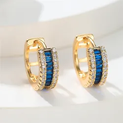Cute Female Blue Zircon Stone Hoop Earrings Vintage Gold Color Wedding Jewelry For Women