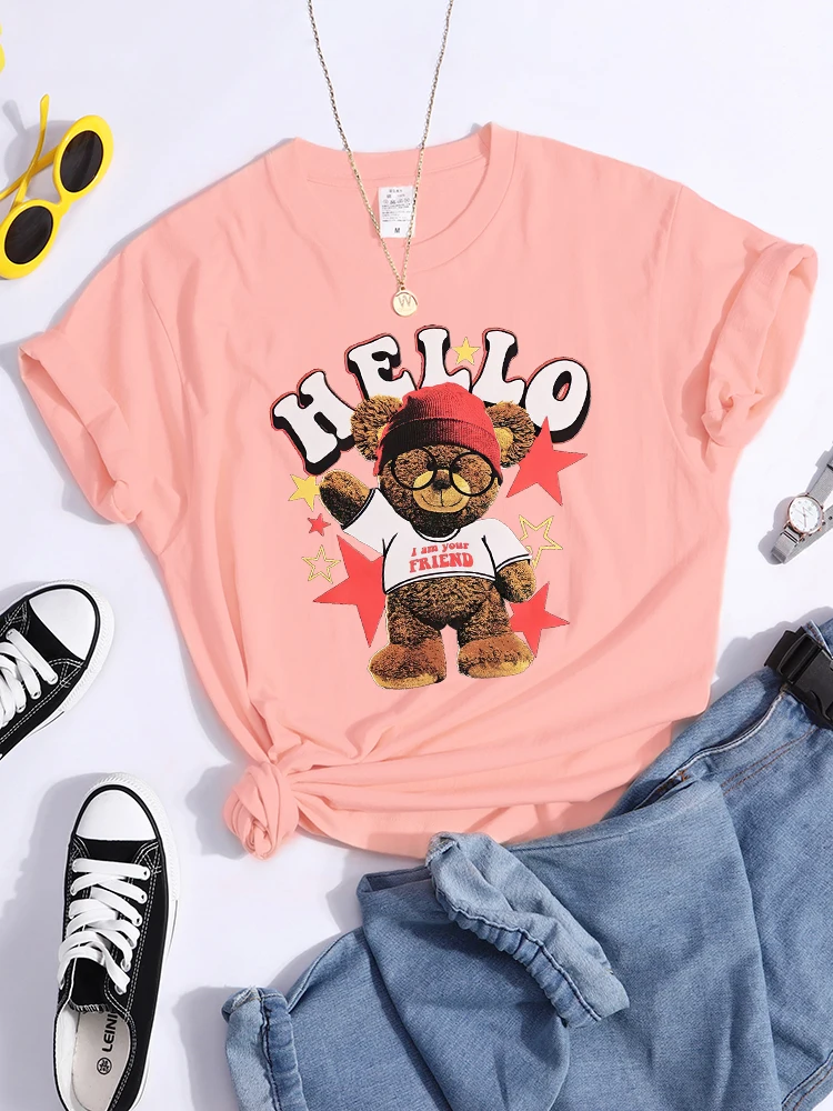 Hello I Am Your Friend Teddy Bear Female Tshirt Summer Basic T Shirt Quality Simplicity Short Sleeve Quality Harajuku Tee Shirts