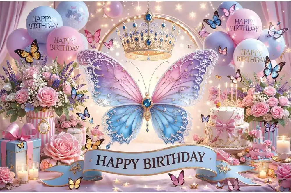 Butterfly Princess Birthday Backdrop Pink Blue Fairy Party Decor Floral Balloon Crown Cake Background Girls Baby Shower Kids