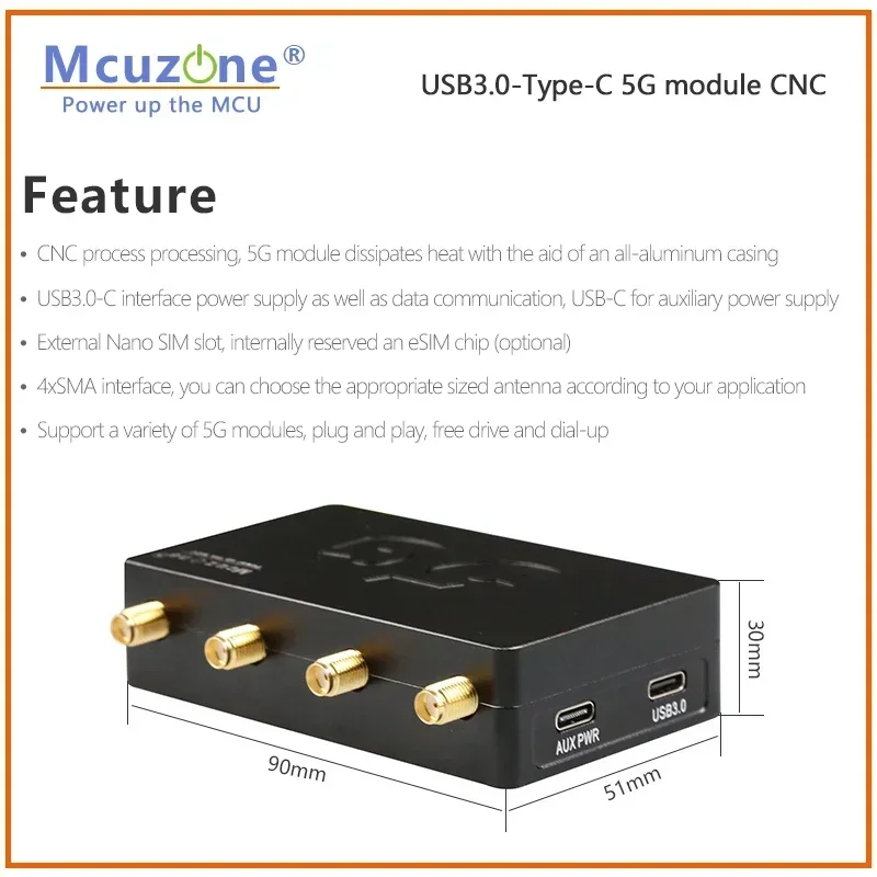 (الطراز: MR5U3C) وحدة USB3.0 Type-C 5G حافظة معدنية CNC، التوصيل والتشغيل لـ x86، Mac OS، RPi OS، ubuntu، win10/11، RM520N-GL، FM160-EAU