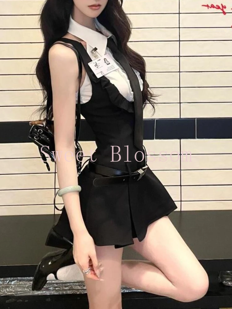 한국어 대학 스타일 레트로 Jk 2 조각 세트 여성 민소매 셔츠 + 블랙 스트랩 스커트 새로운 스파이스 소녀 달콤한 빈티지 슬림 양복 2025