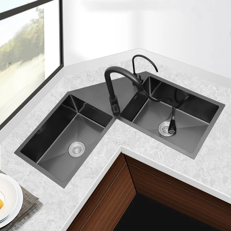 Nano corner sink, handmade large double sink vegetable basin, thickened, corner L shape