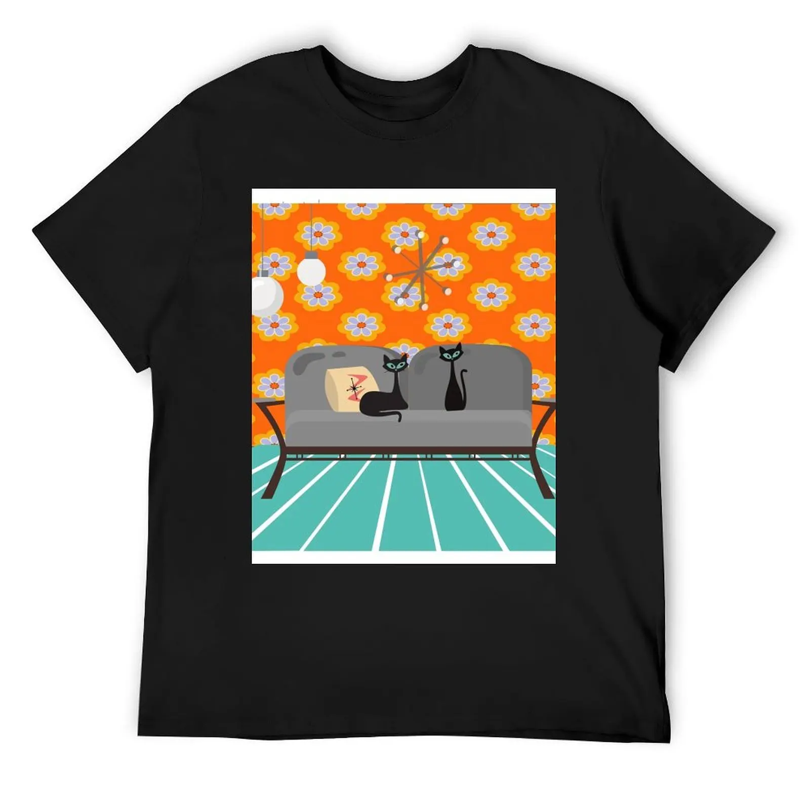 Mid Century Modern Kitties Lounging in a Retro Styled Living Room T-Shirt korean fashion cheap stuff luxury clothes men