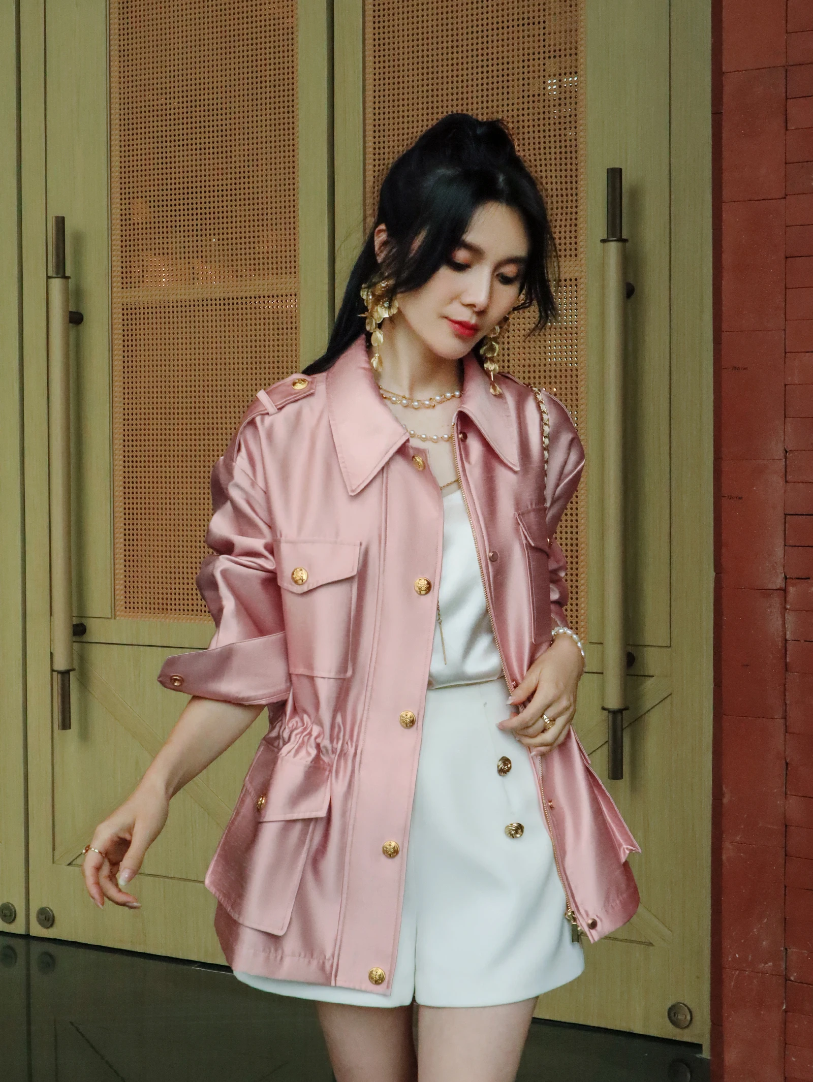 Ele Pink Silk-Mimiing Loose Women's Workwear Jaet Faionable mat Design Luxury Feel ort Outerwear Coat