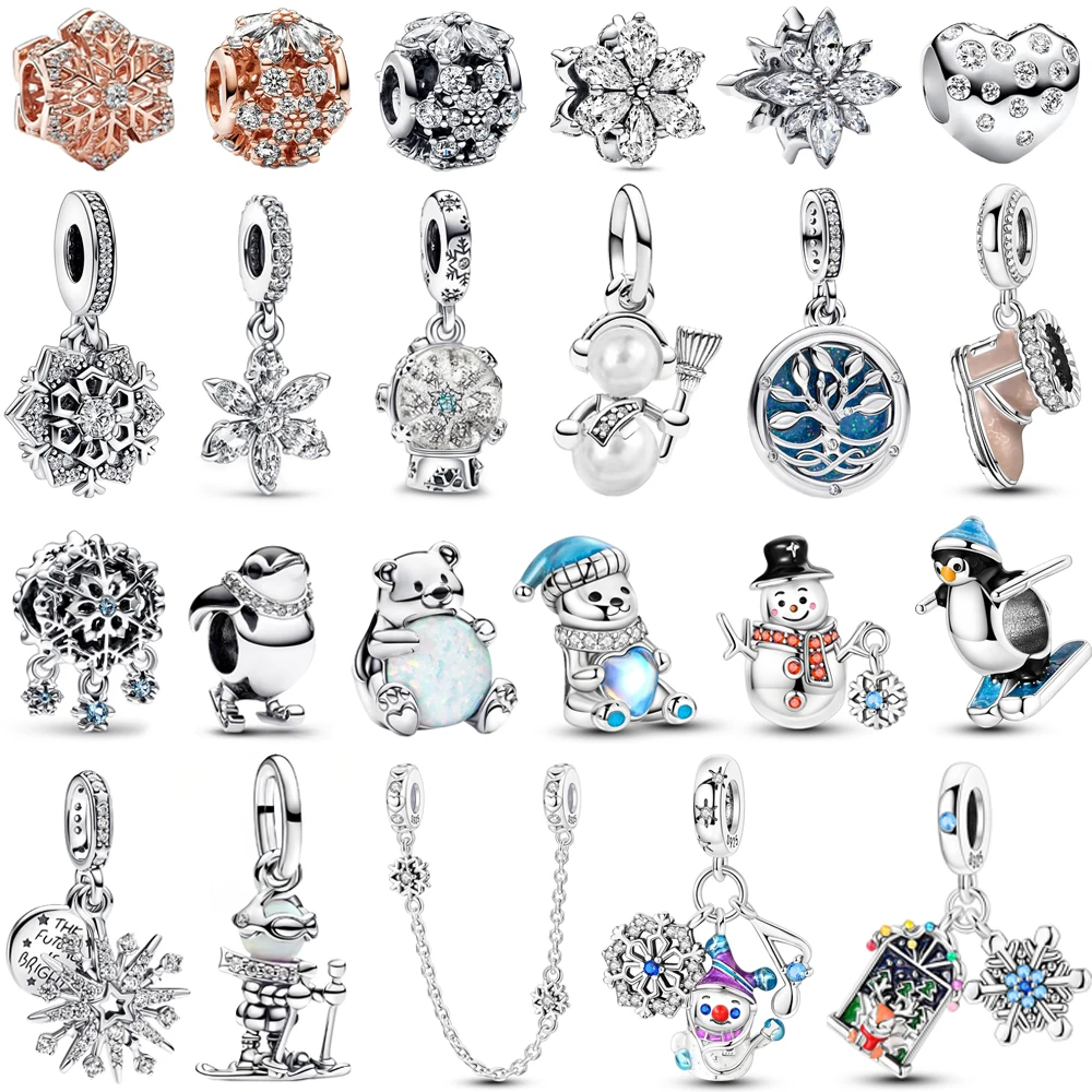 Sparkling 925 Sterling Silver North Star & Polar Bear Beads Firework Double Dangle Charm Fit Bracelet & Necklace DIY Winter Gift