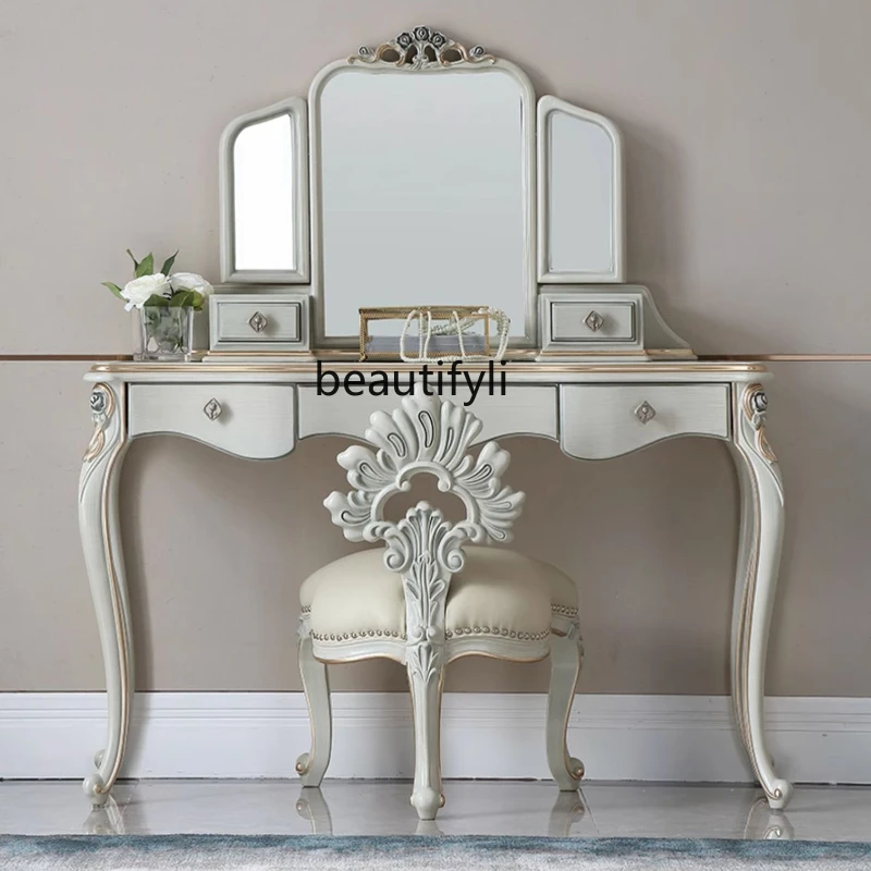 Modern Minimalist French Entry Lux Solid Wood Dressing Table Bedroom Small European Makeup Table Storage Cabinet Integrated