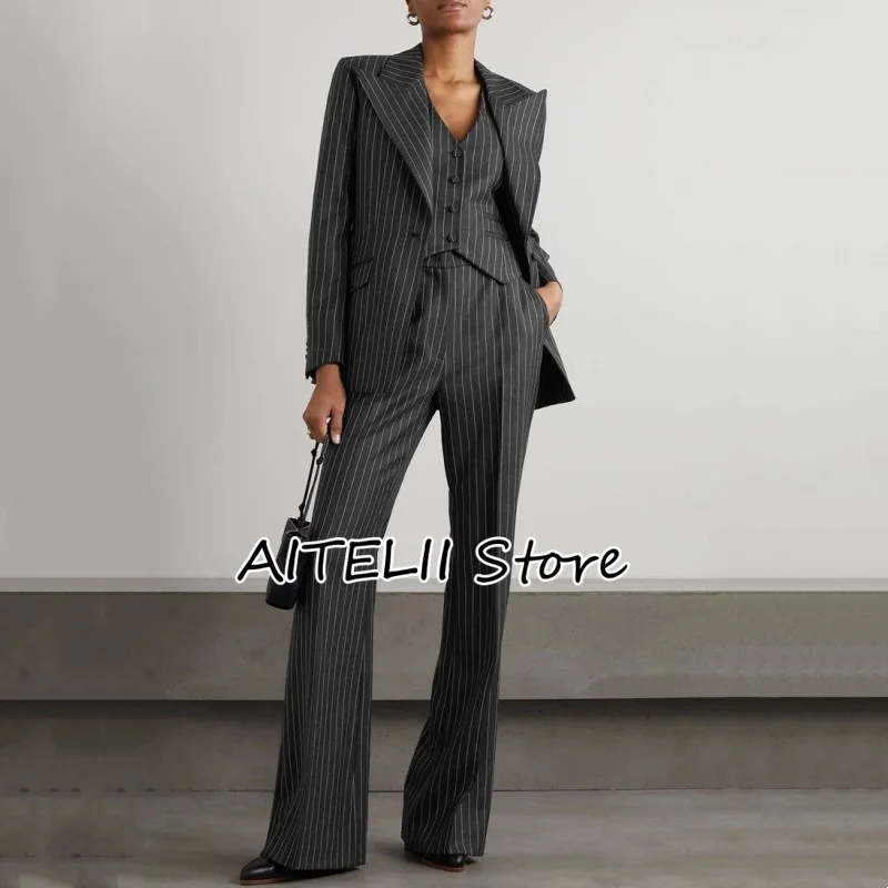 Women\'s Three-piece Suit Fashion Stripe Slim Fit Lapel (Jacket + Vest + Trousers) Collar Single-breasted for Business Casual Top