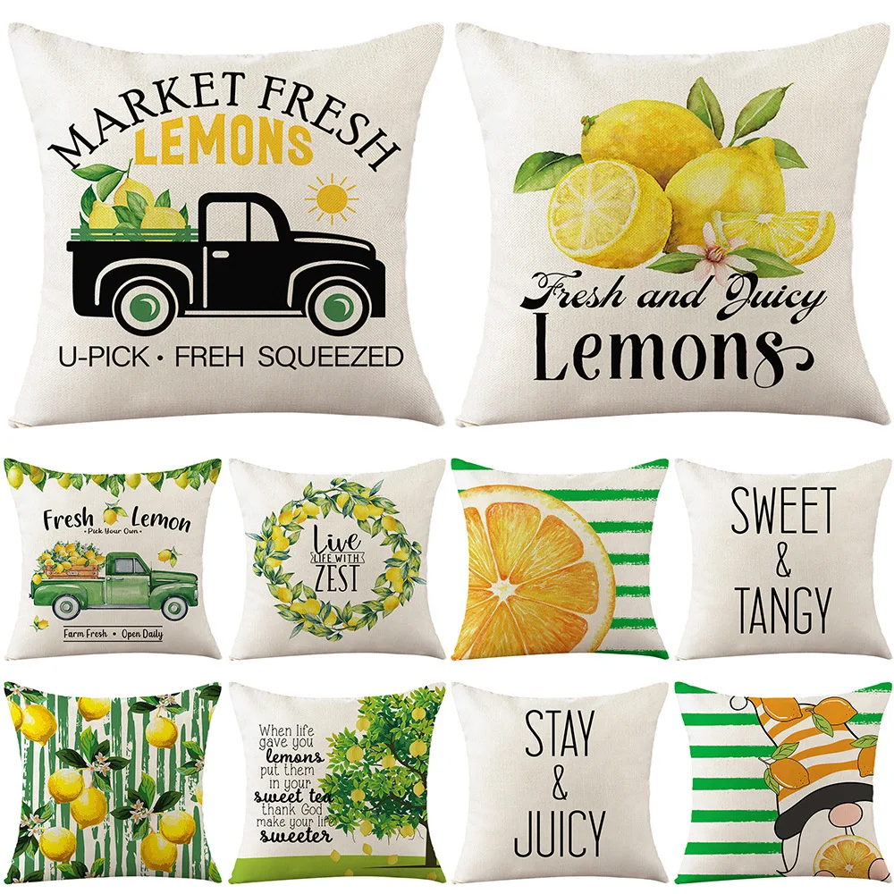 

Lemon Printed Pillow Cover 18x18 Inches Linen Pillow Case Home Decor Cushion Cover Letters Stripe Sofa Pillows Throw Pillowcase