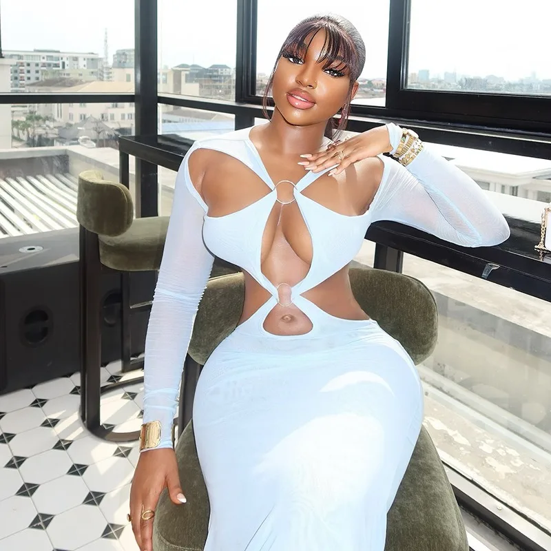 Women's Gauze Spliced V-Neck Long Sleeve Metal Ring Hollow Out Deep Backless Hips Wrapped Sexy Long Dress, Solid Color