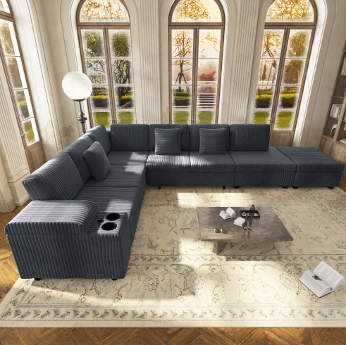 

#Modern Sectional Sofa Set Removable Ottoman Convertible Sleeper Hidden Armrest Storage