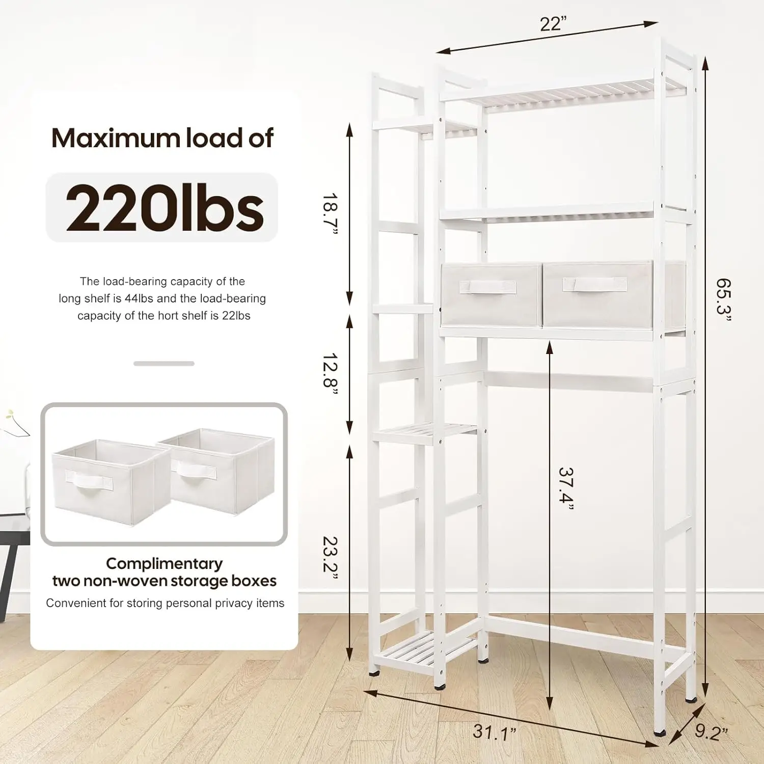 Homde Over The Toilet Storage with Basket and Drawer, Bamboo Bathroom Organizer with Adjustable Shelf & Waterproof Feet Pad