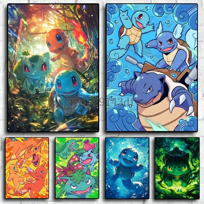 

Pokemon Classic Anime Canvas Painting Bulbasaur Charmander Squirtle Poster and Print Wall Art Ink Picture Home Decor Kids Gifts