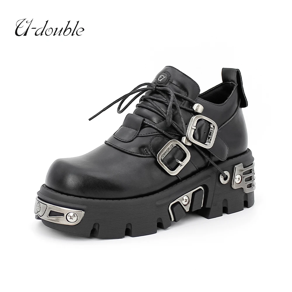 U-Double 2023 New Dark Punk Style Woman Gothic Flame Carved Vintage Rock Boots Leather Shoes Metal Niche Low Top Platform Shoes