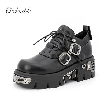 U-Double 2023 neue dunkle Punk-Stil Frau Gothic Flamme geschnitzt Vintage Rock Stiefel Lederschuhe Metall Nische Low Top Plateauschuhe