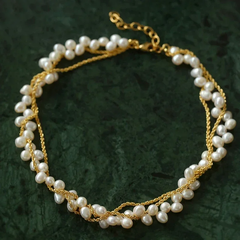 

Europe America Natural Freshwater Pearl Double Layered Gold Silver Necklace Women Charm Party Jewelry Trend