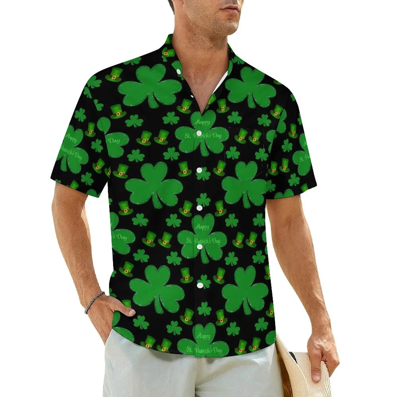 St Patricks Day Casual Shirt Shamrock Print Vintage Hawaiian Shirts Man Short-Sleeved Beach Harajuku Custom Oversized Blouses