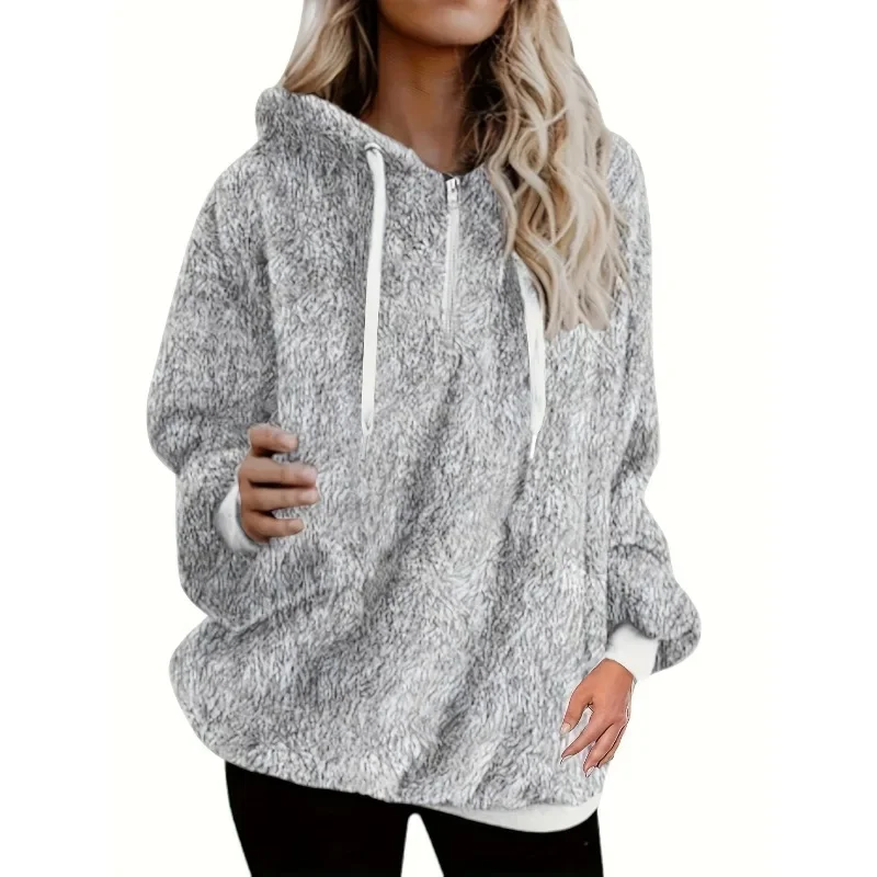 

Plus Size 1XL-5XL Women New Fashion Hoodies Long Sleeve Two Pockets Pullover Sweatshirt Plush Turtleneck Zipper Neck Women Top