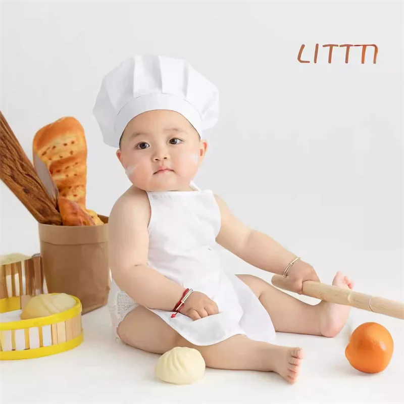0-6M Newborn Baby Photography Costume Cute Infant Bebe Little Chef Apron + Hat 2 pcs Set Photo Props for Baby Boy Girl view 2
