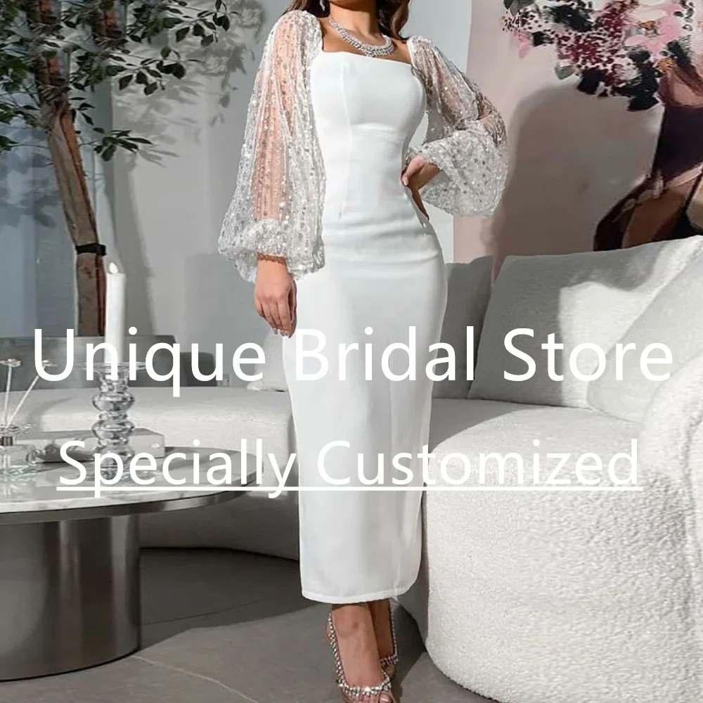 

Women's Mermaid Wedding Dress Long Sleeve Jersey Square With Sequin Tea-Length Draped Simple Fashion Bridal Dresses Bride Gown
