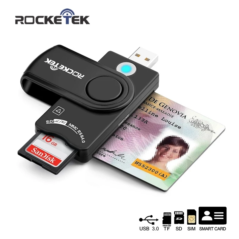 Rocketek USB 3.0 2.0 Smart Card Reader For SD/TF micro SD memory, sim card reader ,ID,Bank card,sim cloner connector adapter