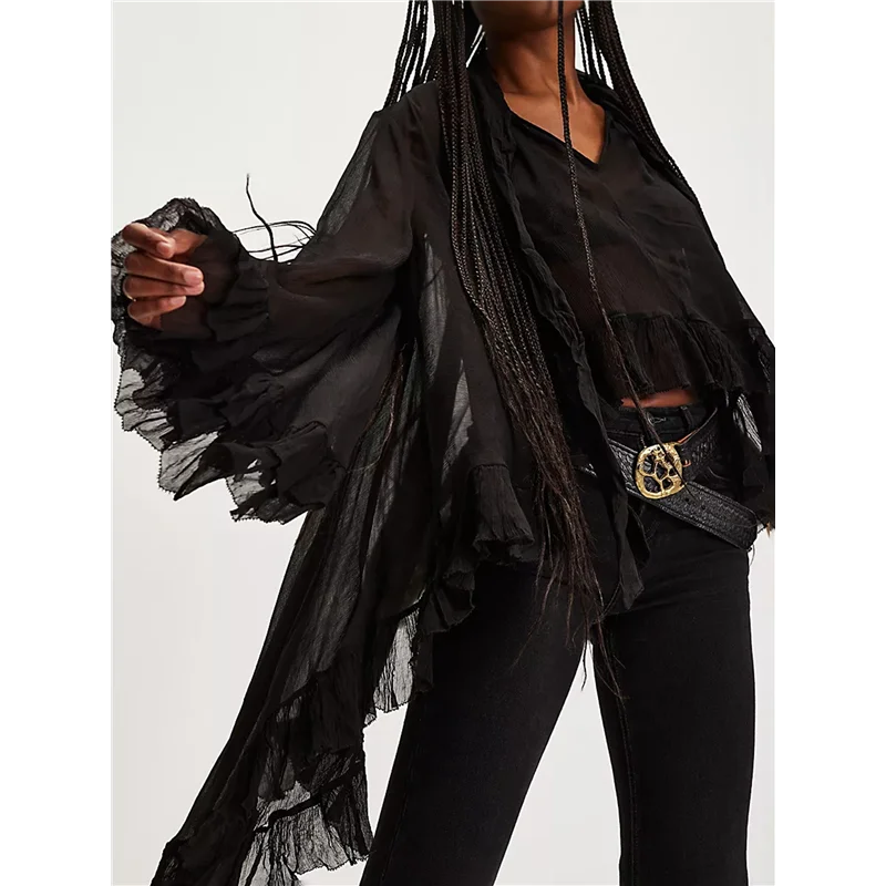 

ASDS-Women Long Bell Sleeve Frill See Through Sheer Mesh Blouse High Low Hem Ruffled Sexy- Flowy Shawl Shirt