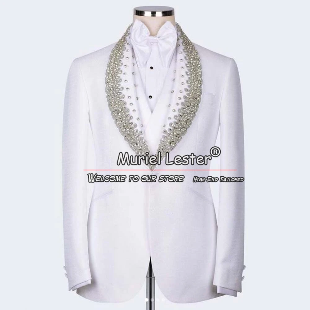 

Roayl Men White Suits For Men Crystals Beaded Lapel Prom Blazer Tailor Made 3 Pieces Formal Groom Tuxedos Bespoke Ropa Hombre