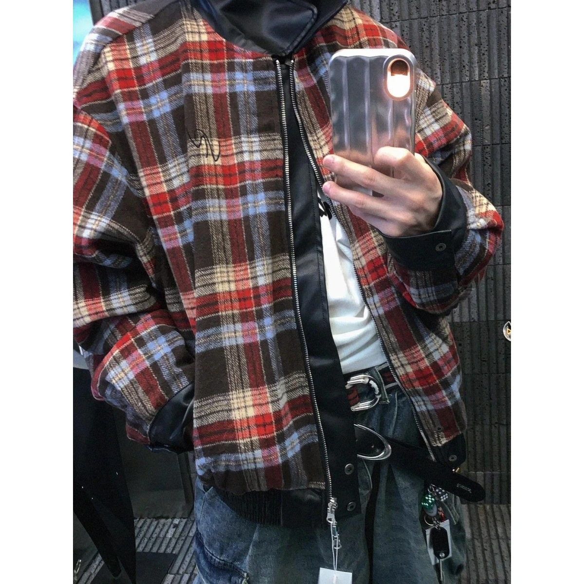 

Double-Sided Wear Plaid PU Leather Jaet Men's Women's Loose Casual Contrast Color Couple Turn-down Collar Outerwear