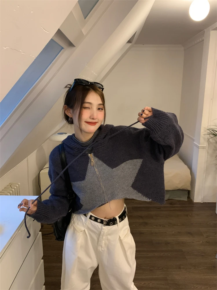 Y2K Vintage Women Irregular Cropped Cardigan Chic Star Patch Jackets Top Hooded Knit Casual Loose Sweater Casacos Trico Feminino