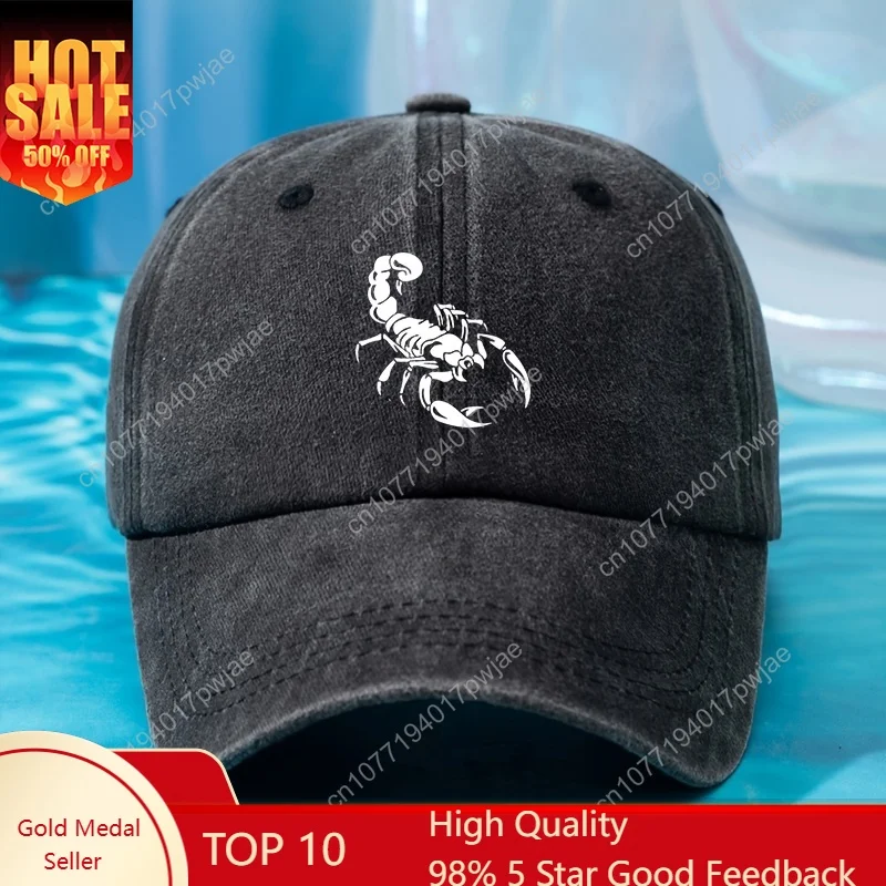 Vintage Washed Baseball Cap with Scorpion Print, Adjustable Hip-Hop Trucker Hat, Casual Style, Lightweight Polyester, Machine Wa