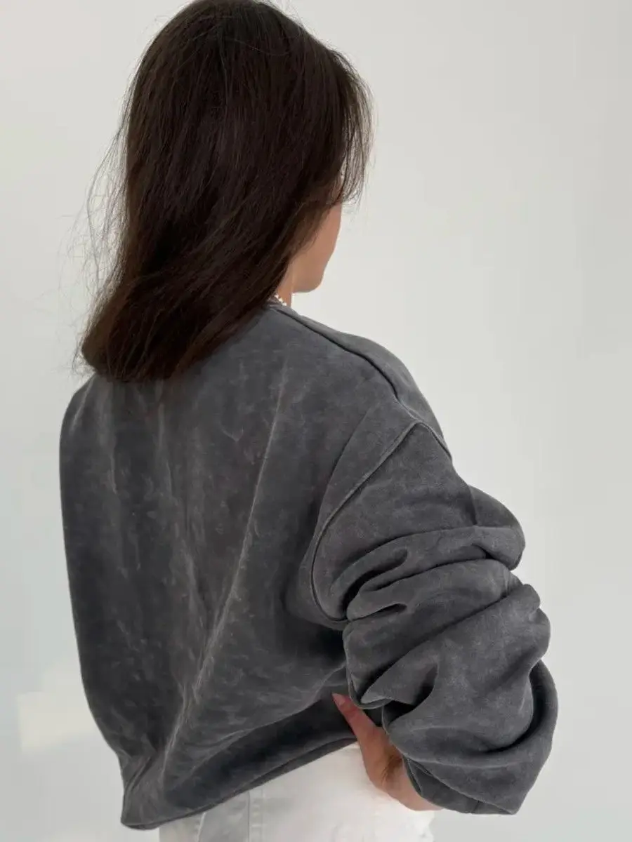 Czarne bluzy z efektem sprania, z francuskim napisem, luźny krój, jesienny pulower, modny temperament, damski styl preppy, retro top.