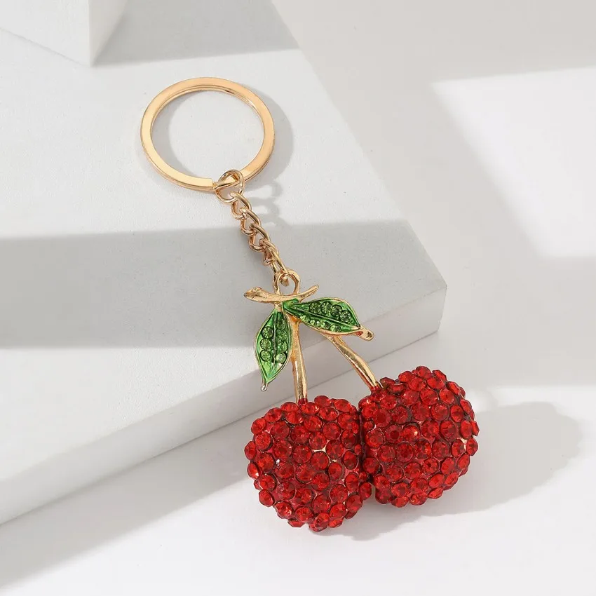 Rural Style Cherry Keychain Luxury Diamond Sparkling Fruit Pendant Car Keychains Woman Backpack Bag Accessories