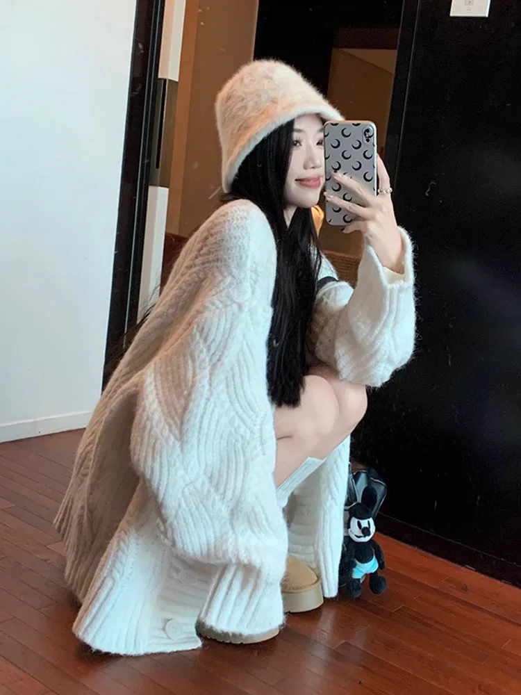 Zoki Lazy Wind Streetwear Cardigan Sweaters Women Oversize Long Sleeve Vintage Knitted Coat Fall Loose Korean Casual V Neck Tops