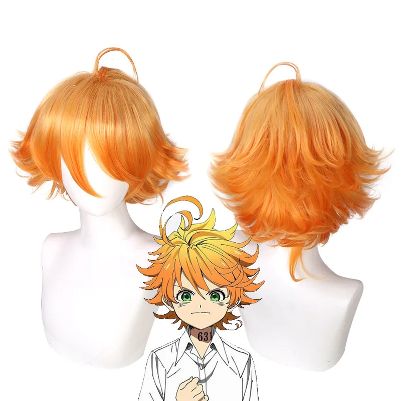 Peluca de cosplay para Emma de "The Promised Neverland", degradado naranja y amarillo, pelo corto esponjoso para mujer