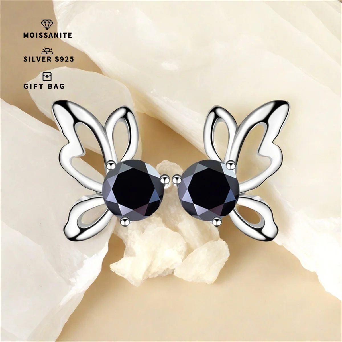 

Серебро S925 с платиновым покрытием и серьгами-гвоздиками-бабочками из черного муассанита GRA, милые и нежные, подходят для повседневного ношения