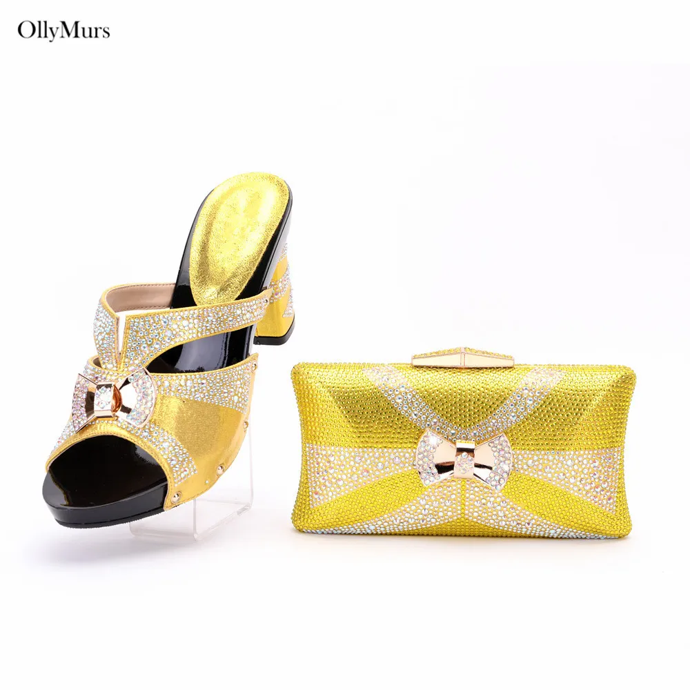 

African Decorated with Rhinestone High Heels Shoes And Bag Set For Wedding Fashion Style High Heels Shoes And Bag Set