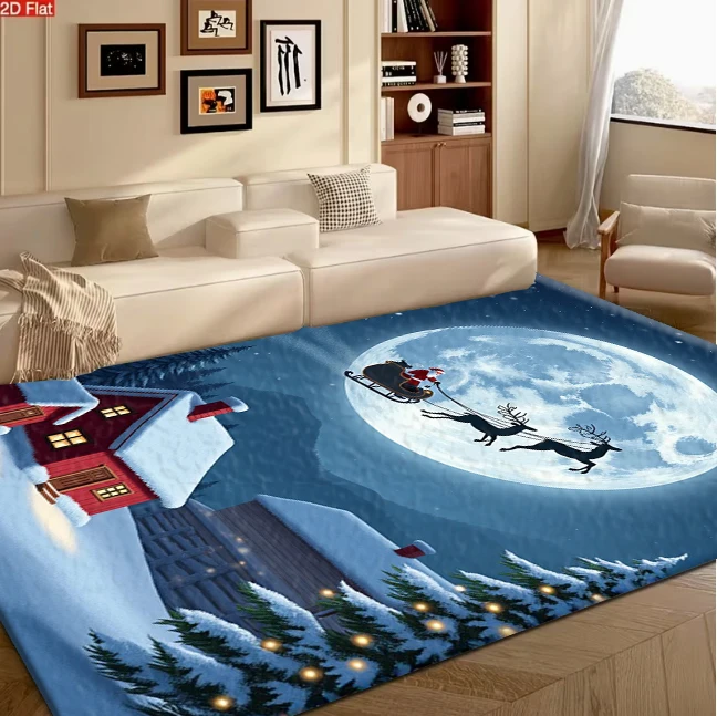 Christmas Santa Reindeer Full Moon Winter Night Scene carpet flooring, Holiday Festive Art Area Rug for Living Room Bedroom Home Decoration