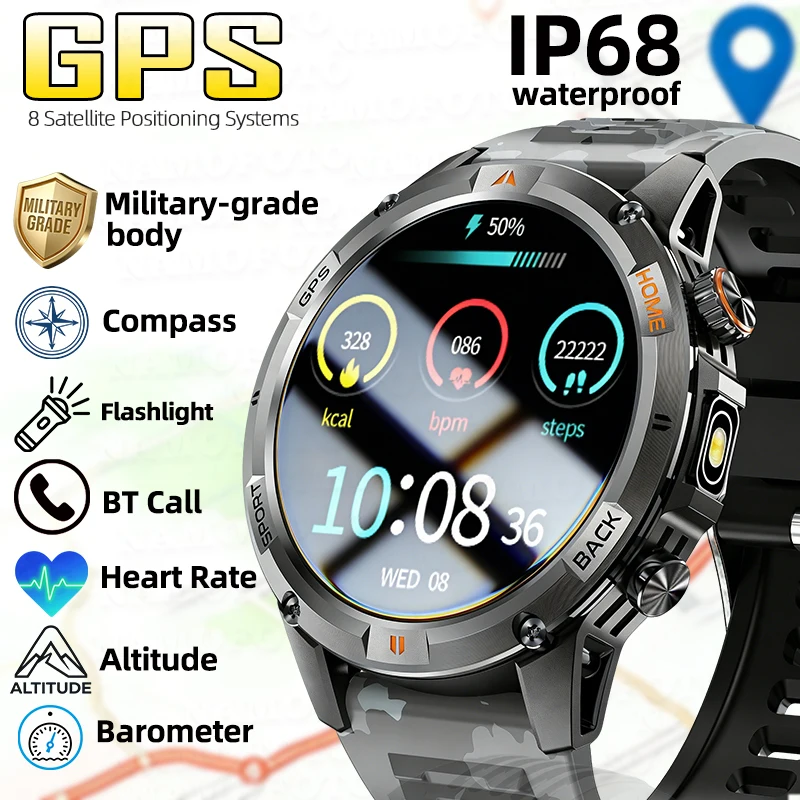 

Alloy Body GPS Smart Watch Men Sport Comapss Call Watch 580mAh Strong Flashlight IP68 Waterproof Heart Rate Monitor Smartwatch