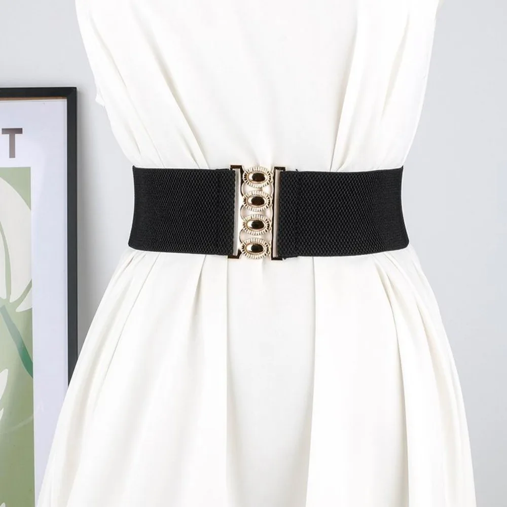 Fashion Elastic Wide Side Waistband Women Golden Buckle Waist Cover Waist Belt Straps Paired with Dress Coat
