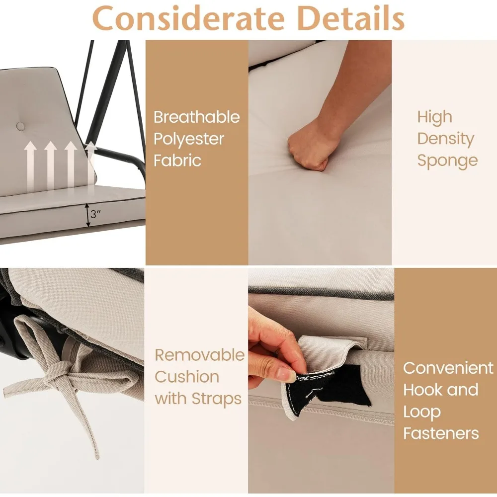 3人用ポーチブランコ、調節可能なキャノピー付きパティオブランコ、取り外し可能なクッション、固体金属構造、900ポンドの屋外キャノピースウィン