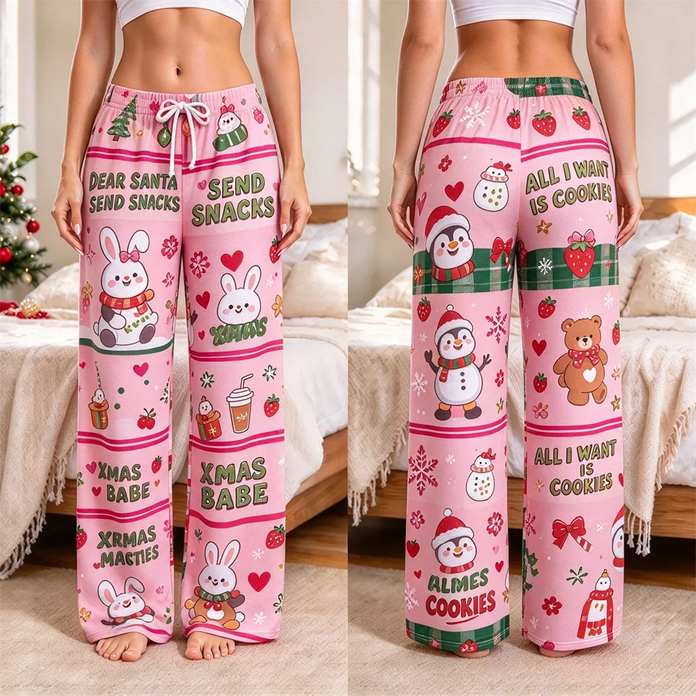 Ladies Festive Christmas Print Sleep Pant Cartoon Penguin Dinosaur Pattern Soft Casual Wide Leg Trousers Holiday Gift Loungewear