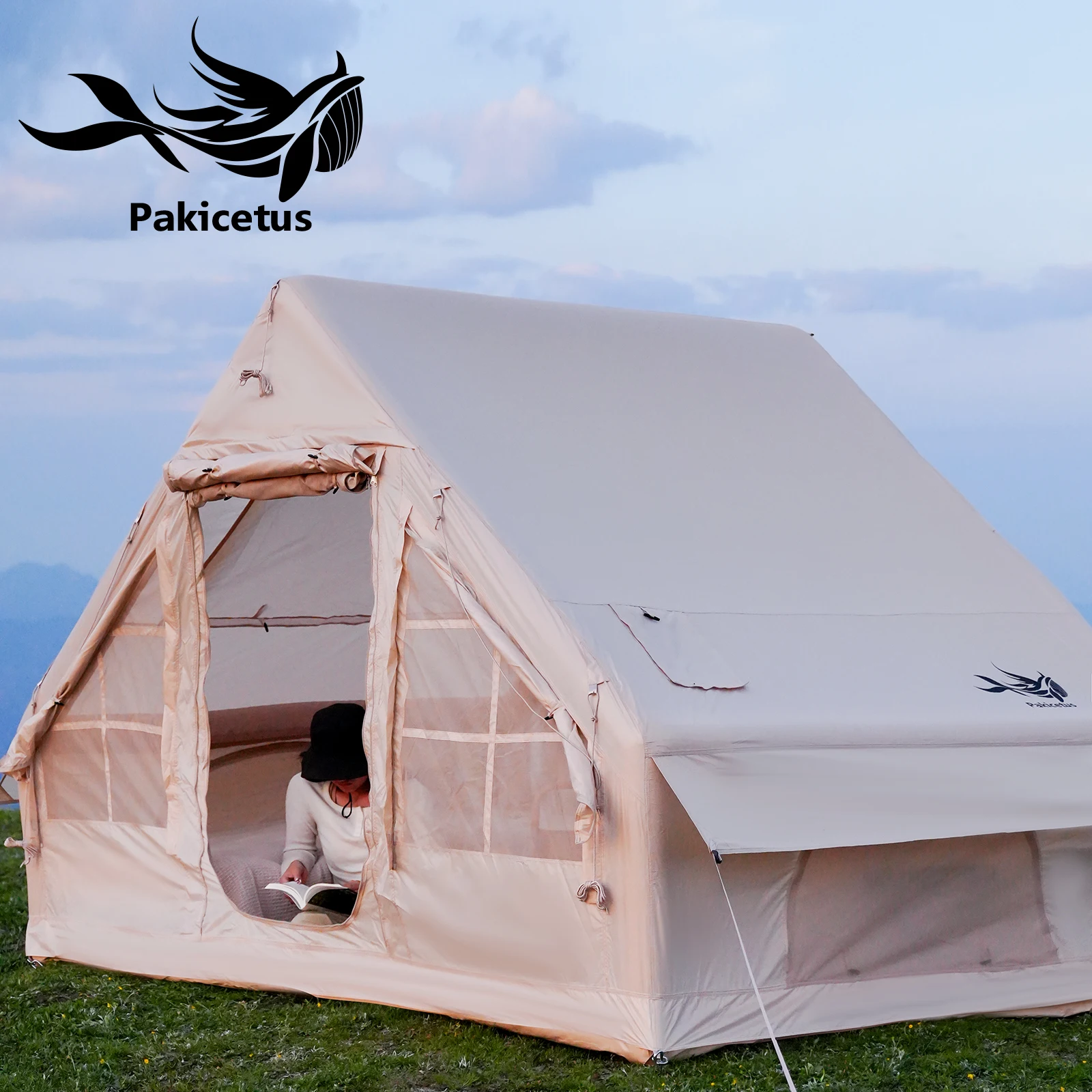 PAKICETUS Inflatable Glamping Tent,4-6 Person Four Season Shelter,Breathable Mesh Windows,Manual Hand Pump Included,Easy Setup Family Air Tent for Camping,Hiking,Road Trips & Festivals