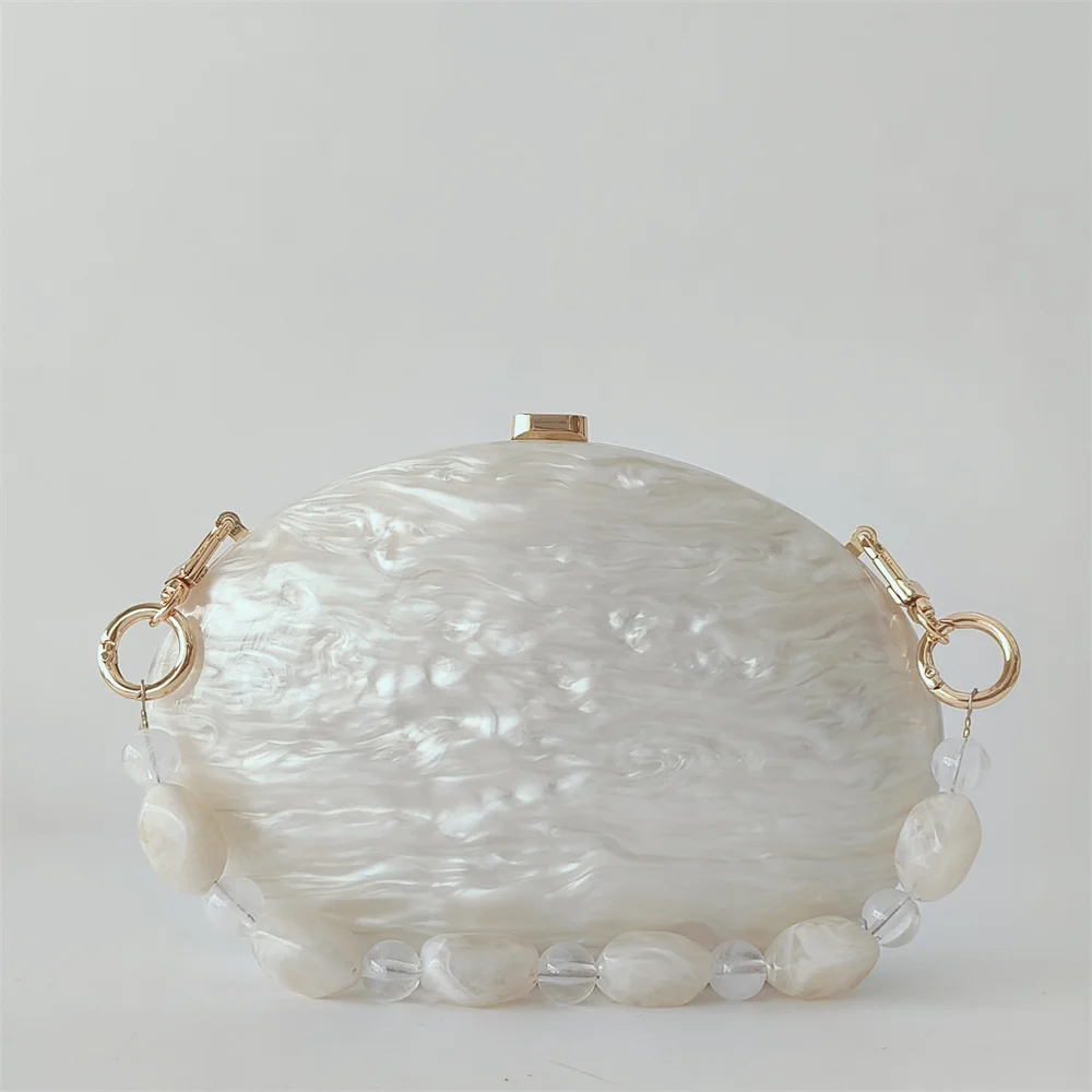 

Half Round Marble Beige Mermaid Series White Pearl Effect Hard Shell Bag Wedding Dress Handbag Bride With Beach Evening Purse