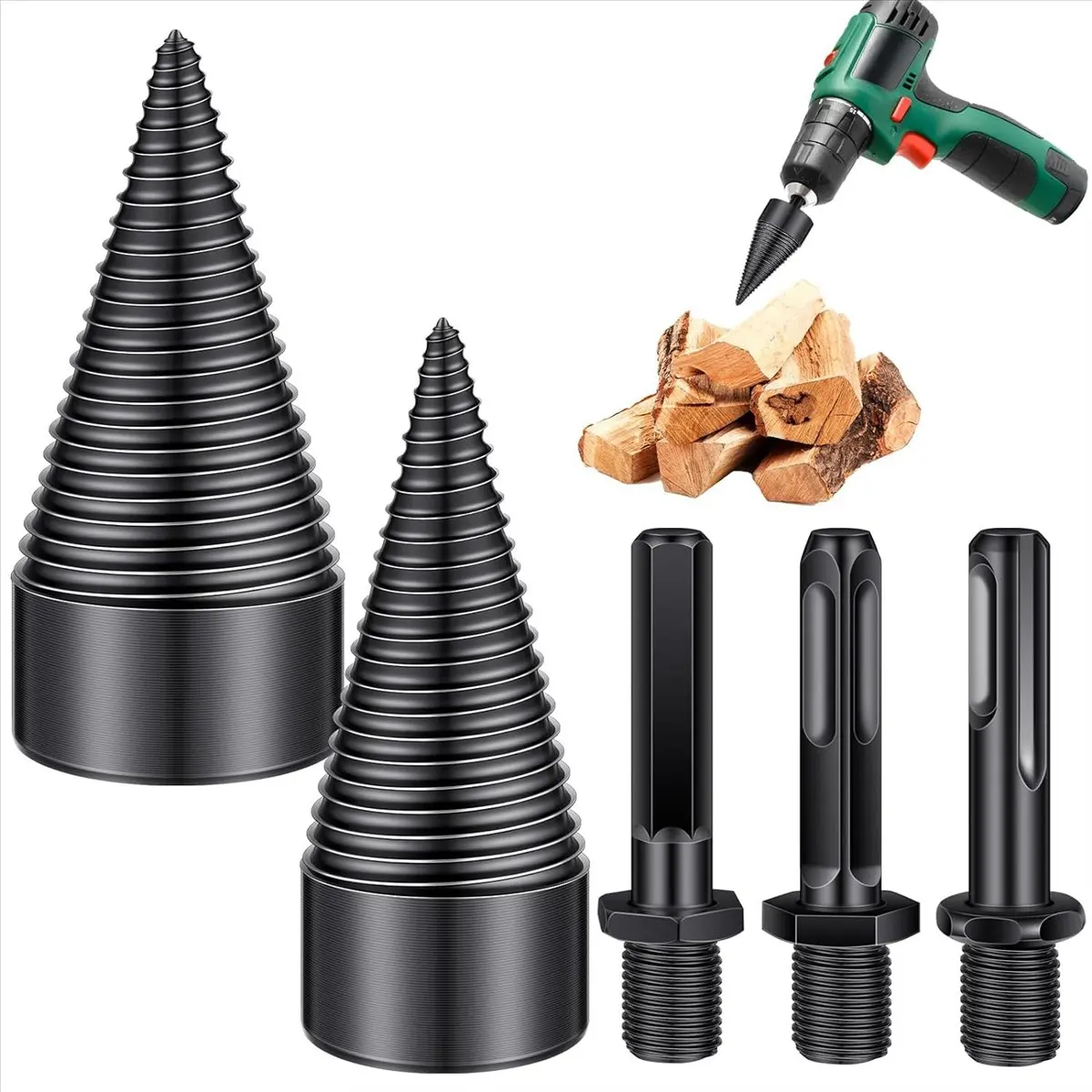 DT35BG 5 Pcs Firewood Log Splitter Drill Bit,Removable Splitter Drill Bits, Cones Kindling Splitter, Splitting Drill Bit