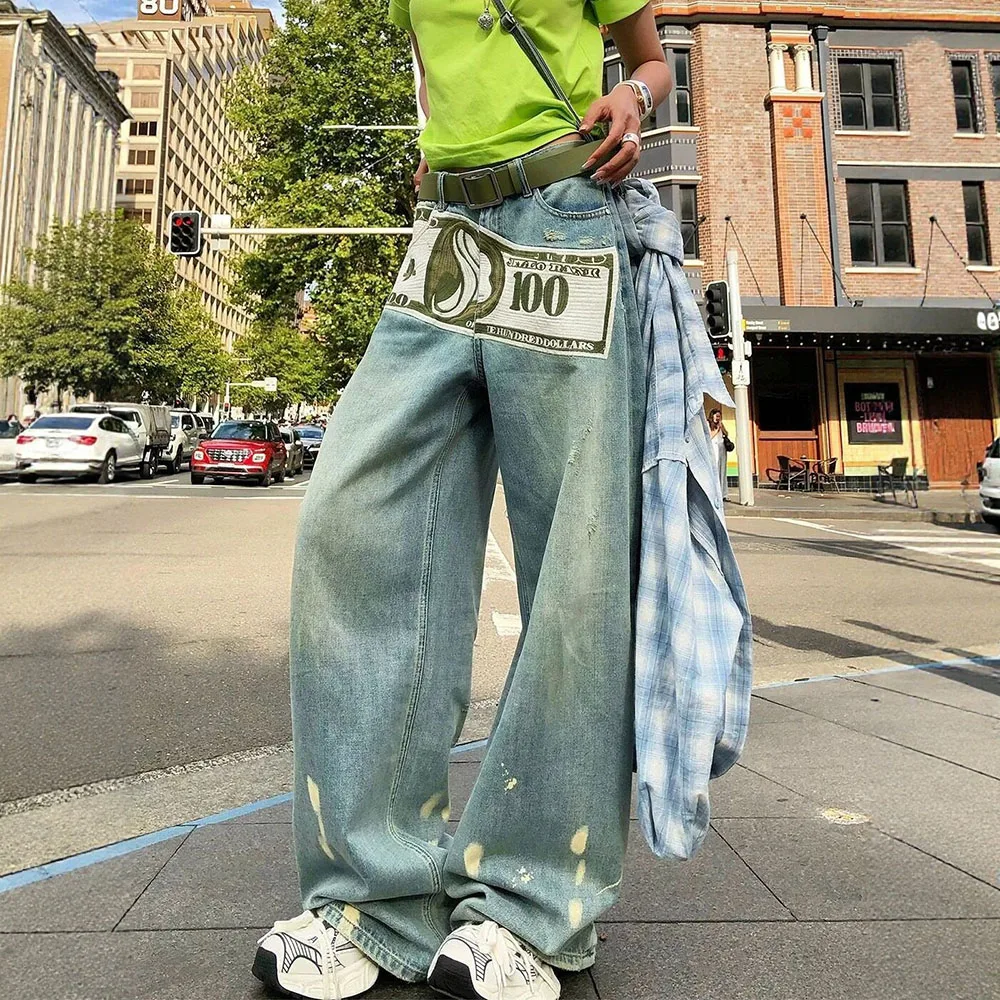 New Printed Pattern Jeans Retro Style Wide Leg Pants Casual Denim Woman Trousers High Waist Long Pants Solid Color Jeans