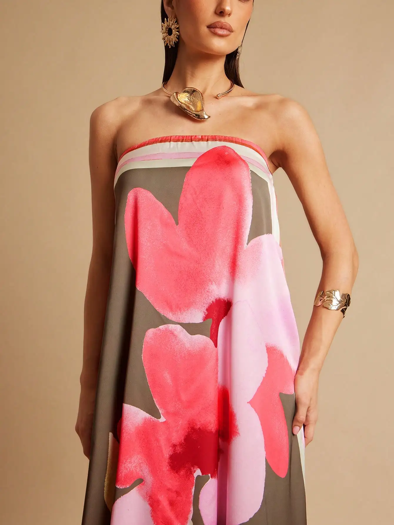

Floral Print Strapless Maxi Dress For Women Summer Beach Vacation Elegant A-Line