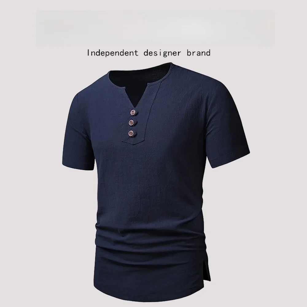 

Мужская повседневная хлопково-льняная футболка GooReey V-Ne ort Sve на пуговицах, простая летняя одежда для отдыха, большой размер, трансграничная