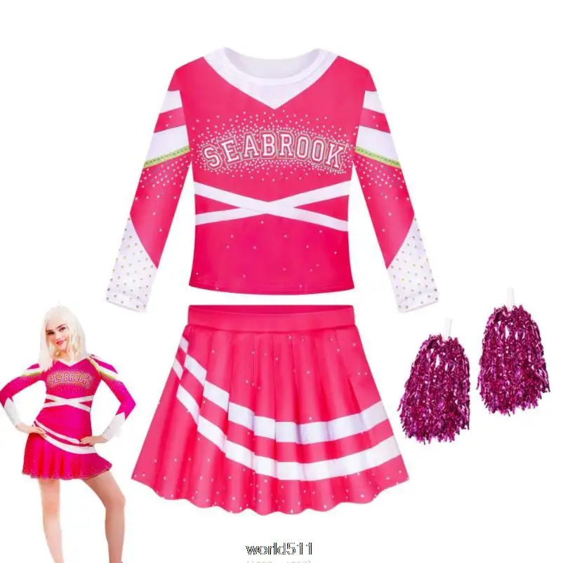 Zombies Disney 3 Addison Dress Girls Kids Cheerleading Cosplay Costumes V-Neck Sleeveless Crop Top With Mini Pleated Skirts Ball