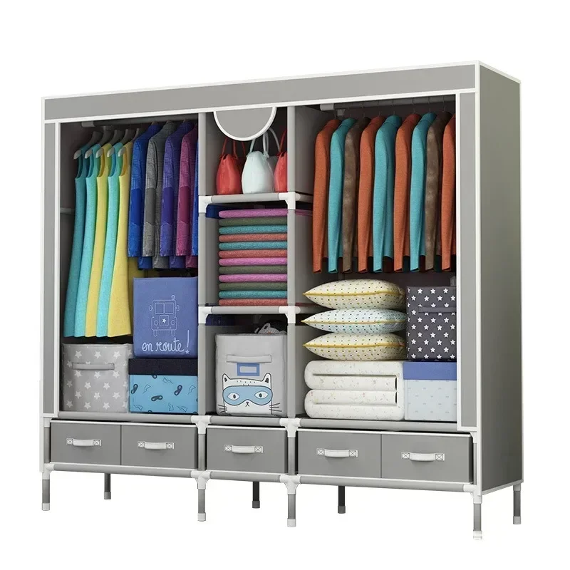 Wardrobe, Reinforced and thickened 19mm steel pipe simple closet, large-sized moisture-proof and dustproof,with 5 storage boxes