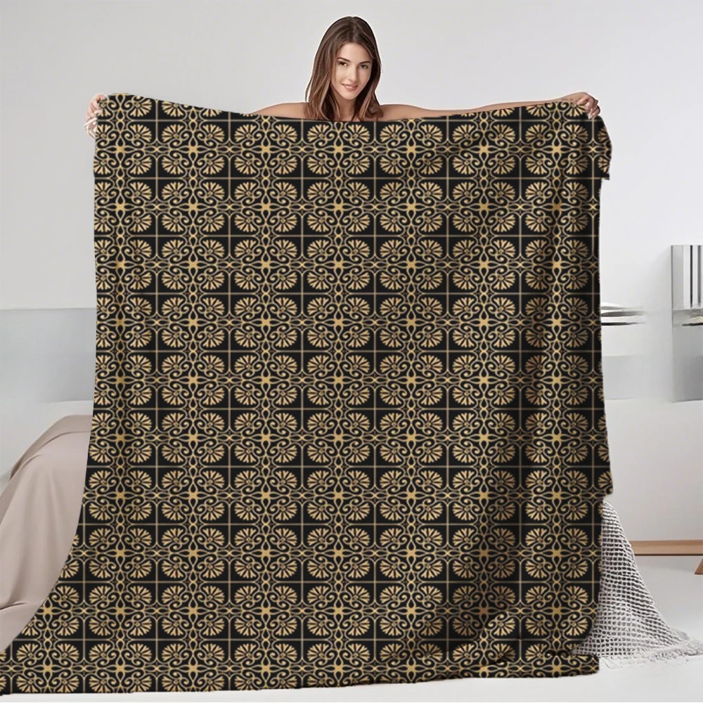 

Custom Flannel Bed Blanket Ethnic Golden Patterns Farmhouse Rustic Bed Scarf Reversible Blanket Skin-friendly Anti-pilling